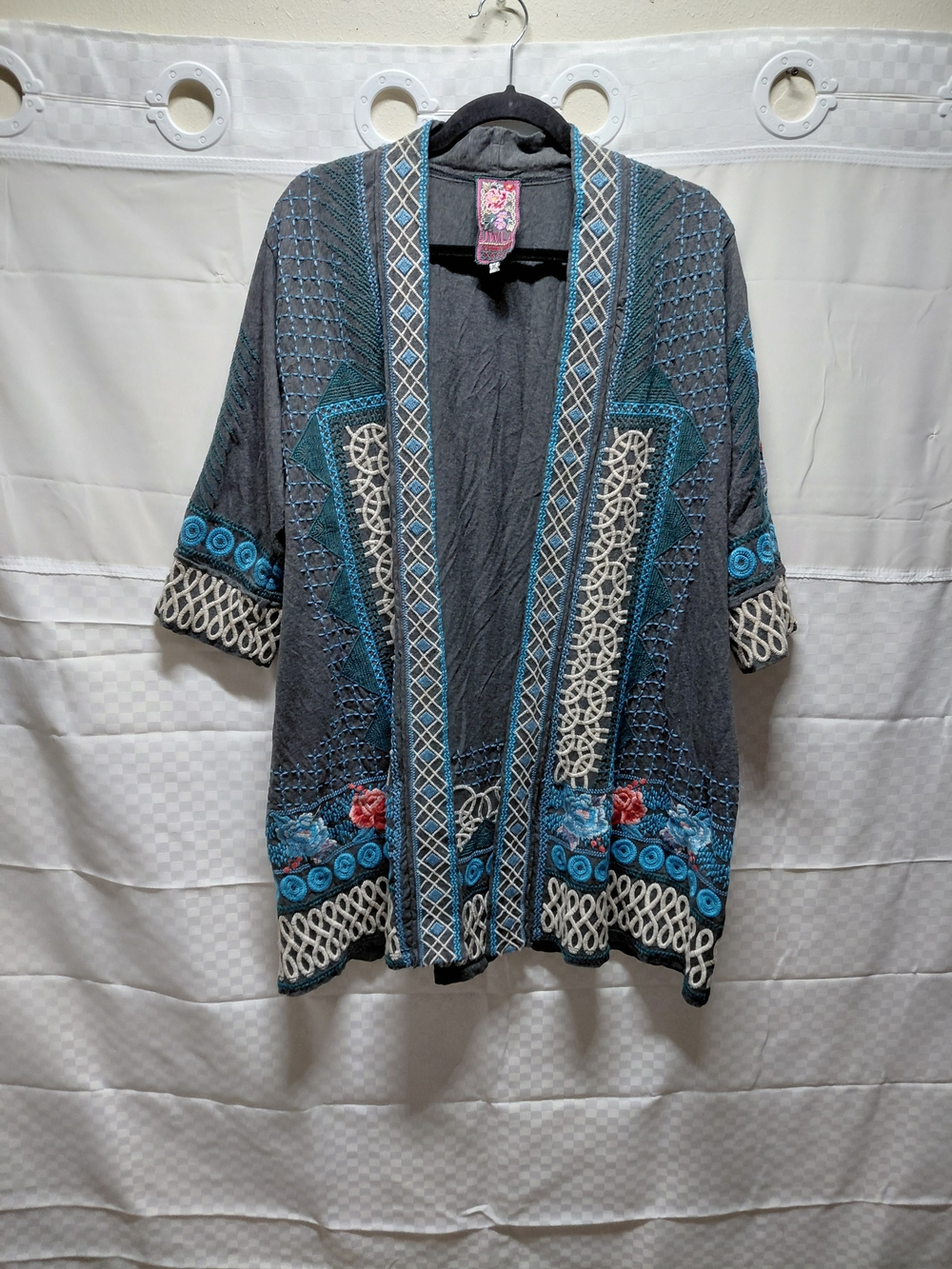 Embroidered Open Front Kimono Jacket in Charcoal & Teal #(C28)